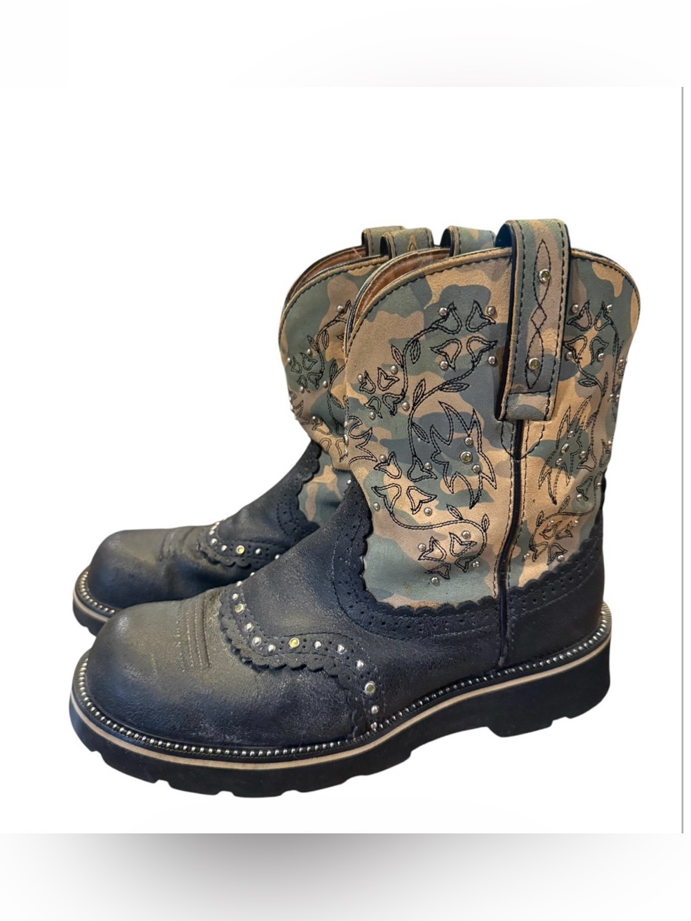 Ariat Fatbaby Western Boots Womens 8.5B Black Camo Floral Studded Leather Cowboy - Picture 2 of 15